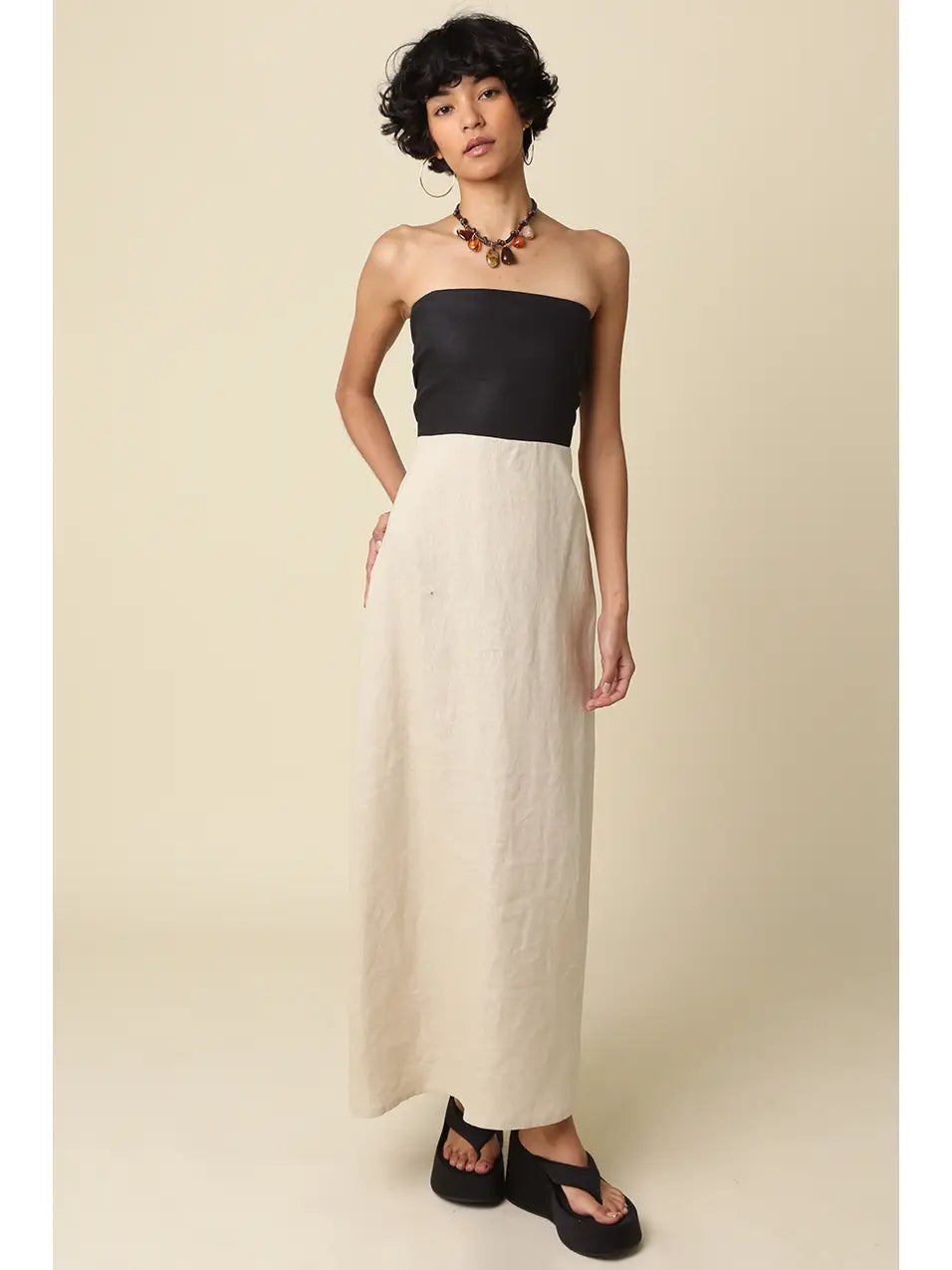 MEI CONTRAST STRAPLESS LINEN MAXI DRESS