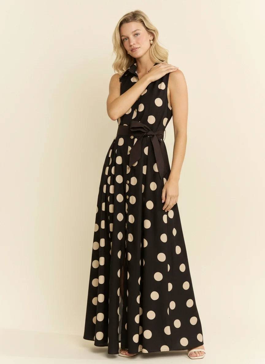 POLKA DOT BUTTON DOWN BELTED SLEEVELESS SHIRT DRESS