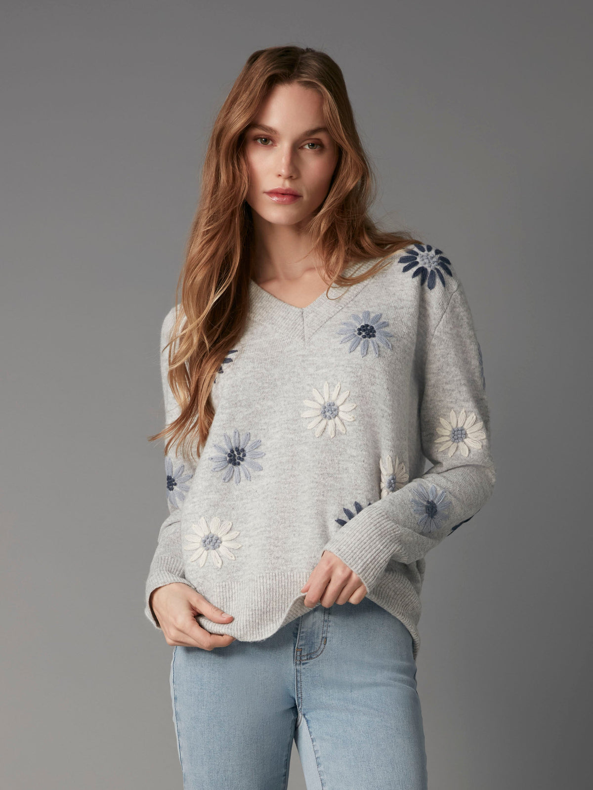 Floral Embroidered V-Neck Sweater - Heather Grey