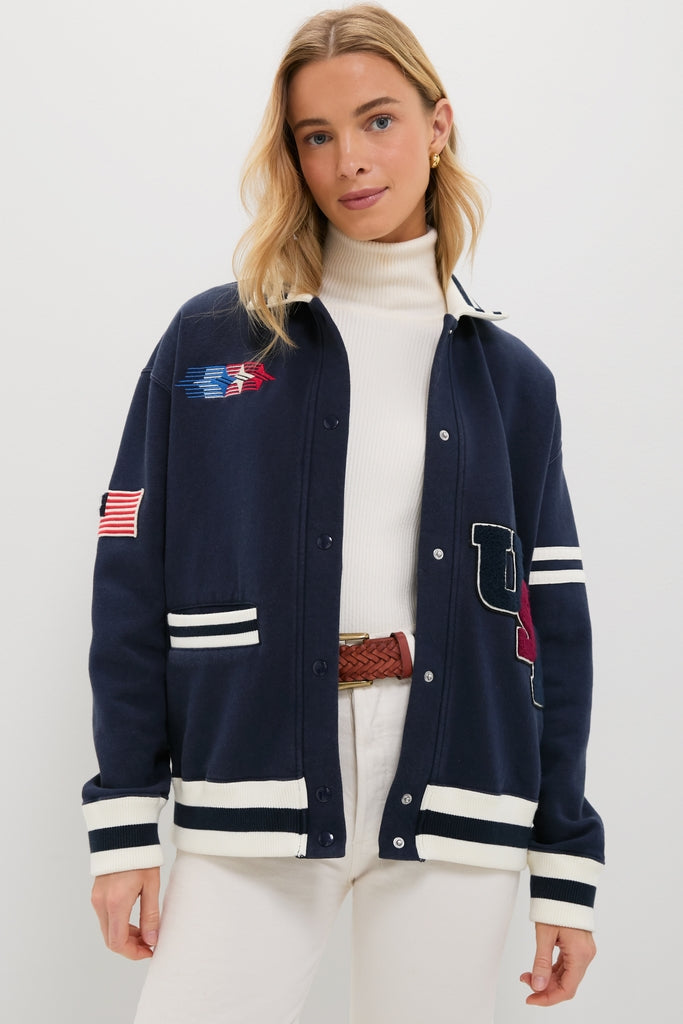 Navy Albright Fleece Varsity Jacket