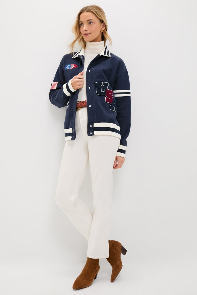 Navy Albright Fleece Varsity Jacket
