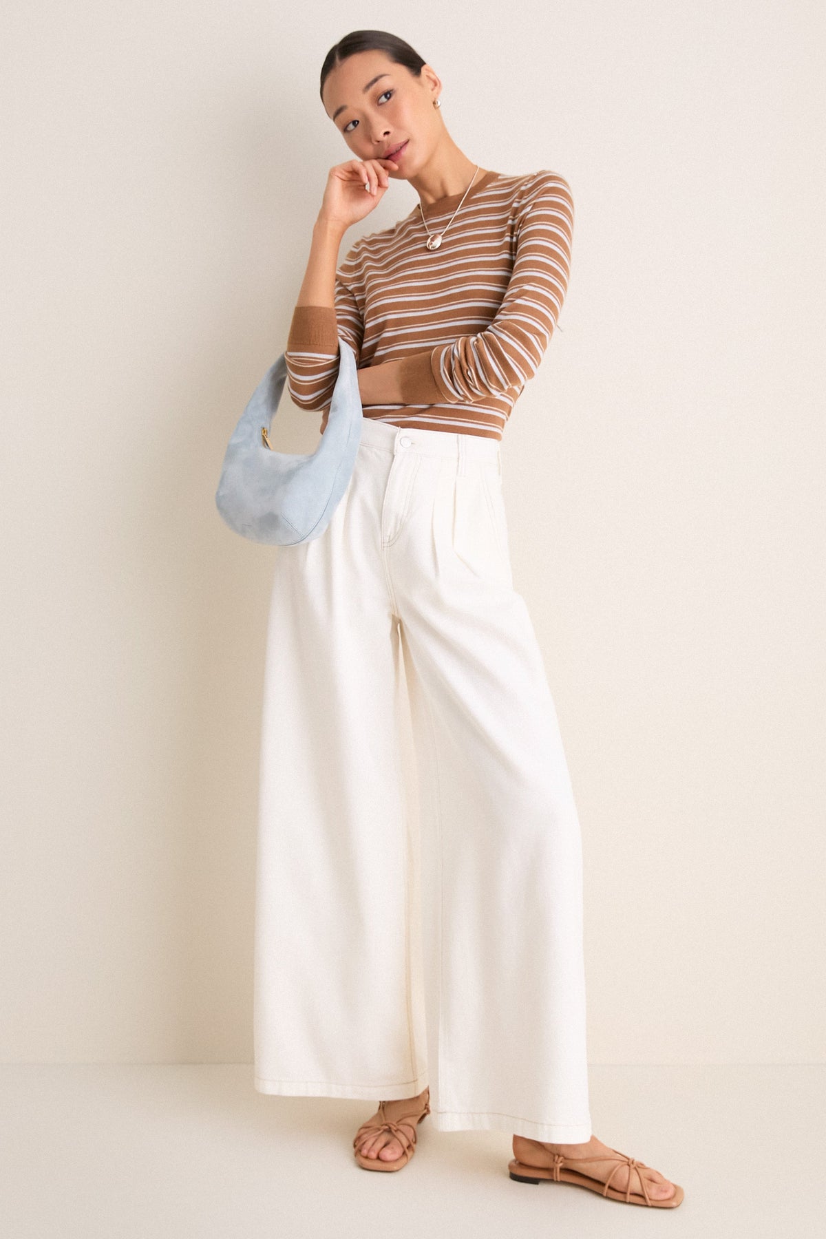 Mocha and Ice Blue Striped Long Sleeve Katie Tee