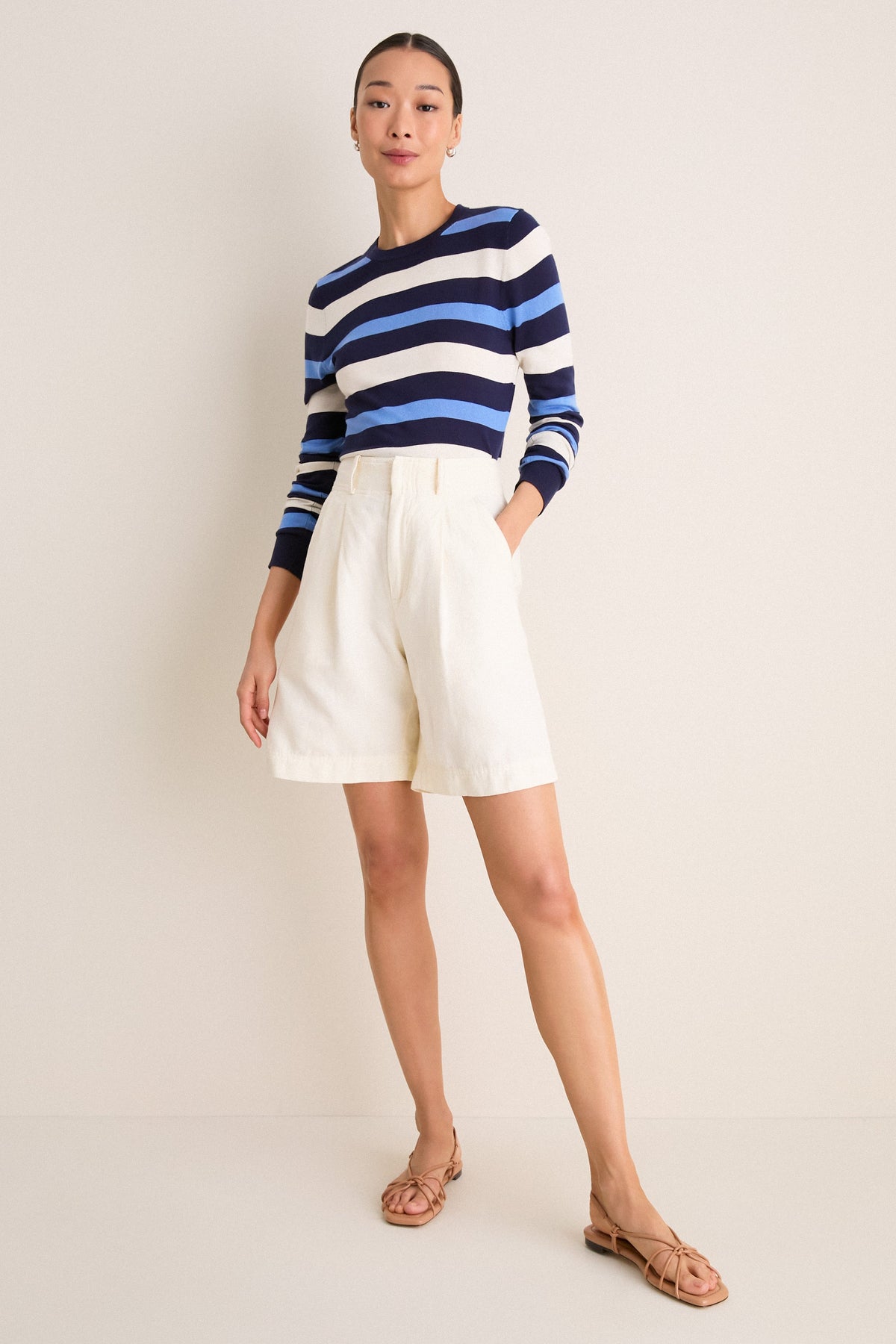 Navy Blue Striped Cashmere Silk Long Sleeve Katie Tee