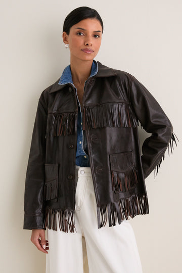 Dark Chocolate Cow Leather Fringe Jacket