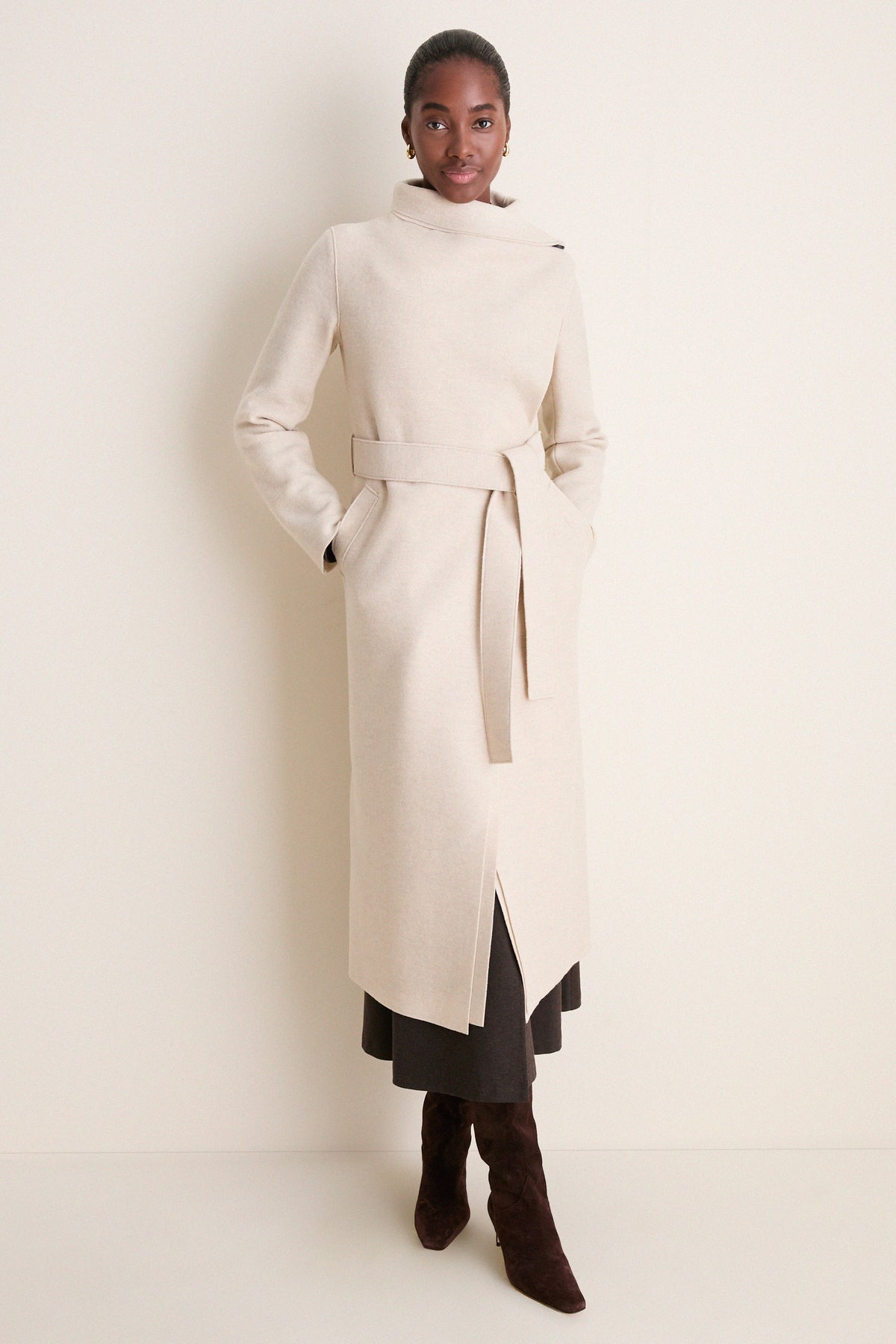 Oat Melange Pressed Wool Long Volcano Coat