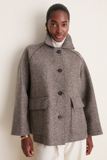 Cream and Brown Herringbone Patterned Cashmere Blend Raglan Jacket