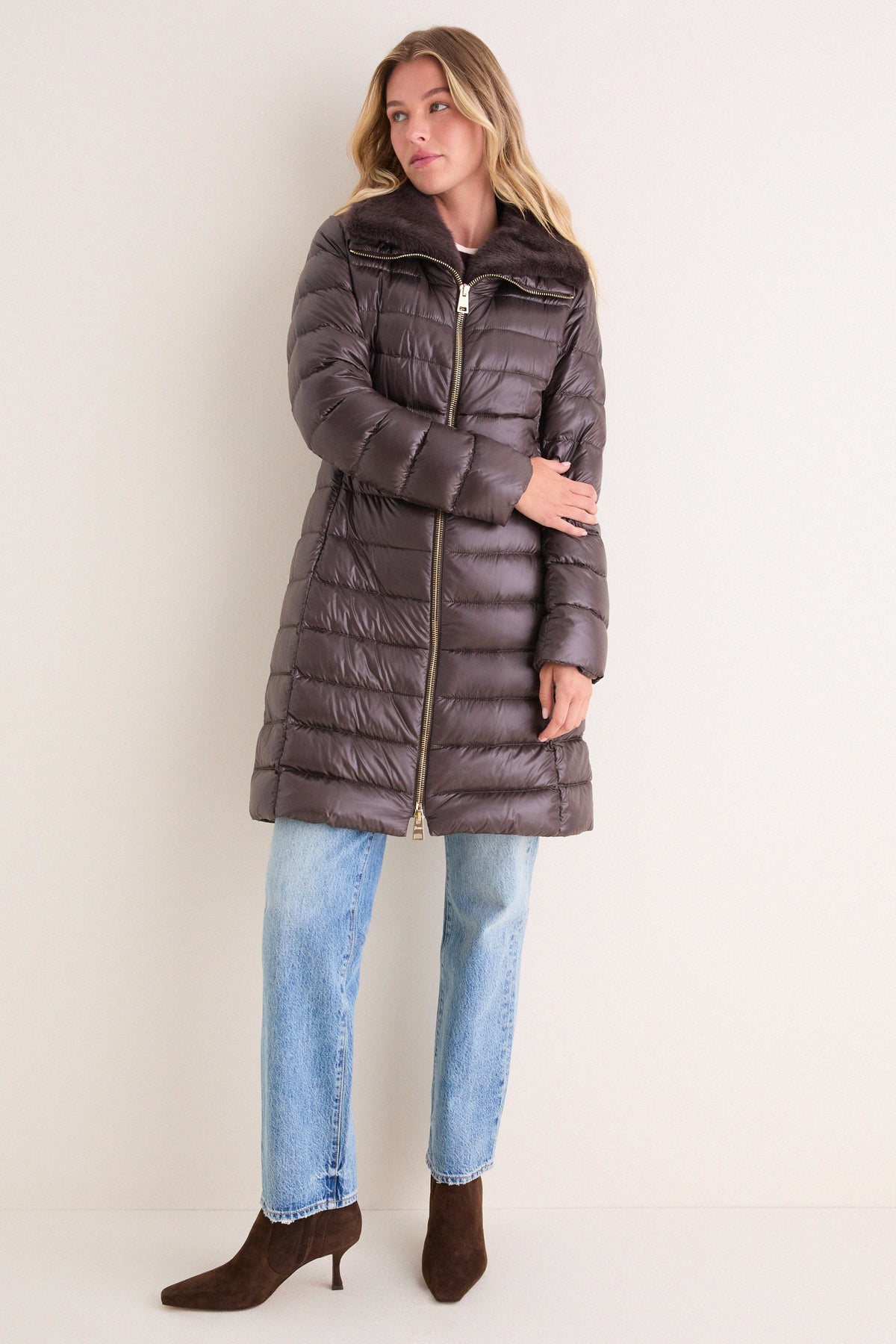 Dark Brown Elisa Ecofur Nylon Ultralight Fitted Coat with Faux Mink Collar