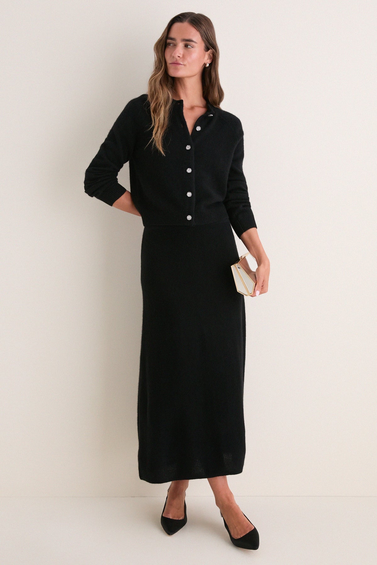 Black Cashmere Embellished Button Lillian Cardigan