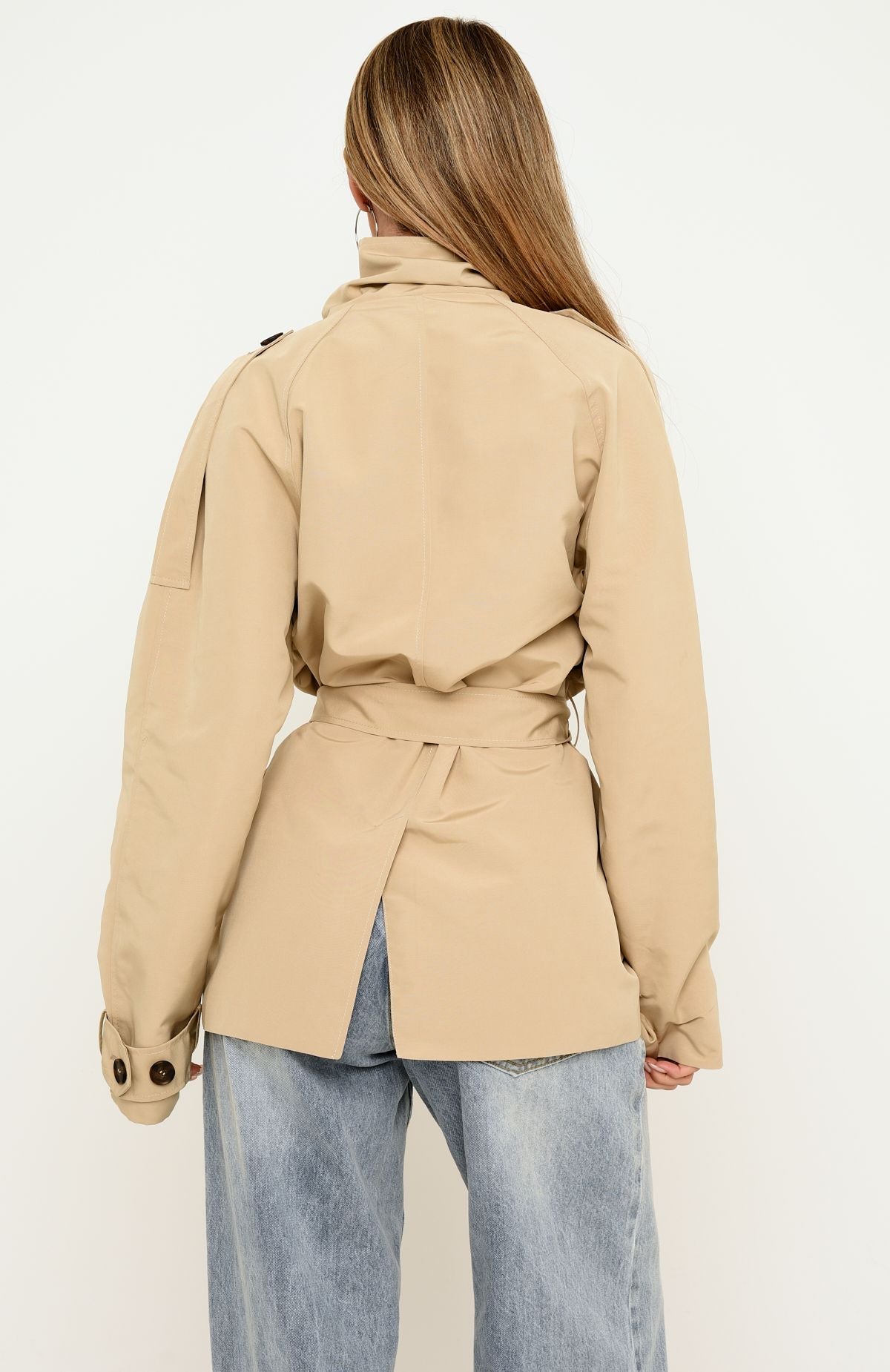 Thessaly Funnel Neck Cropped Trench Jacket Sand