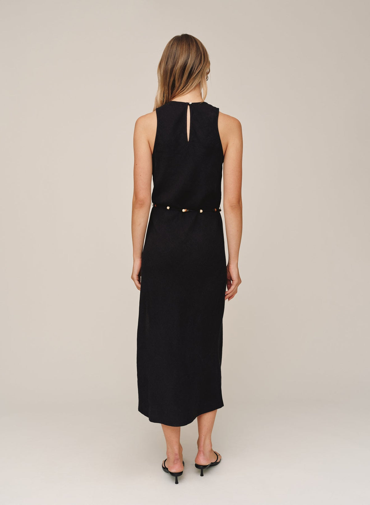 BIAS MIDI DRESS WITH BEADED BELT