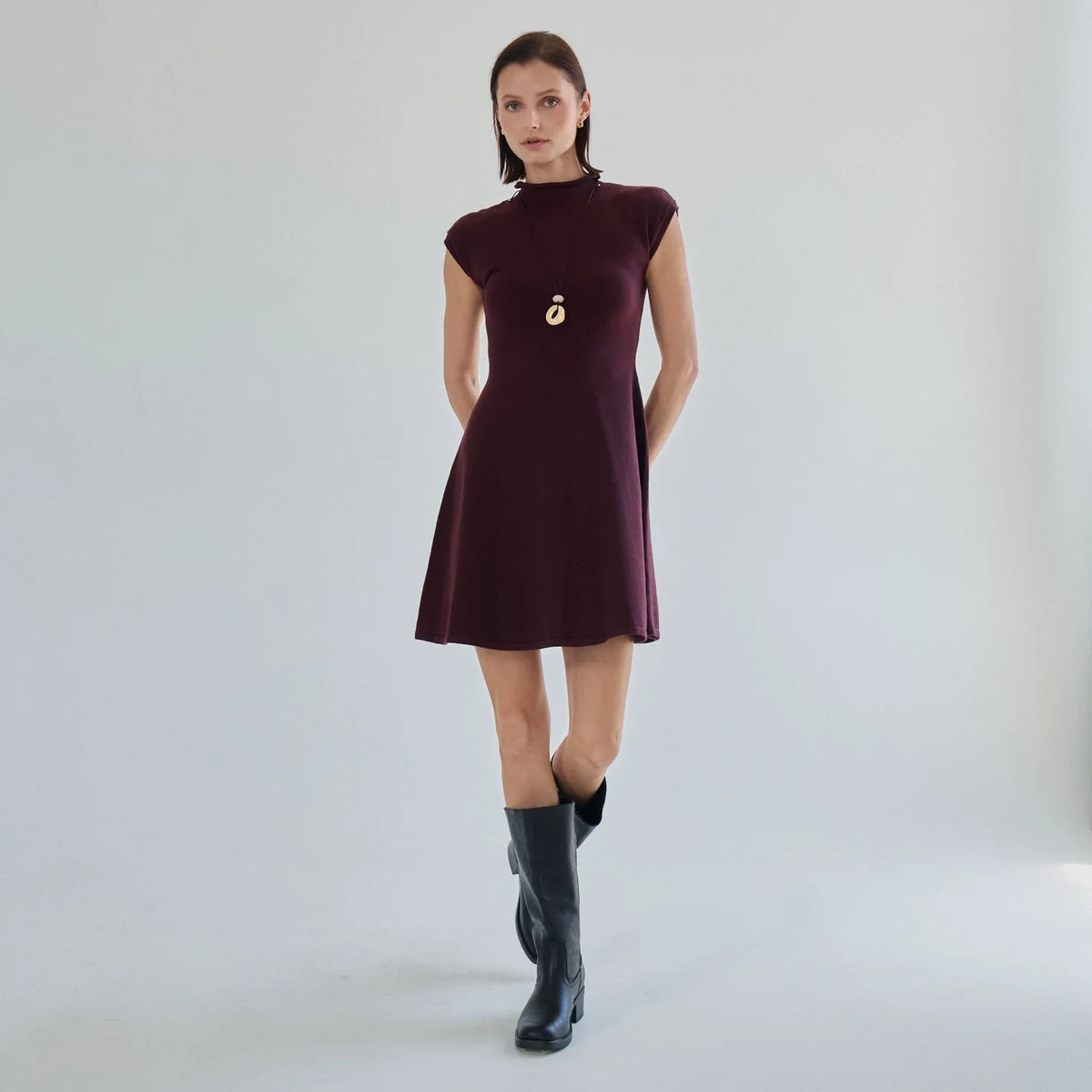MOCK NECK FIT & FLARE MINI SWEATER DRESS