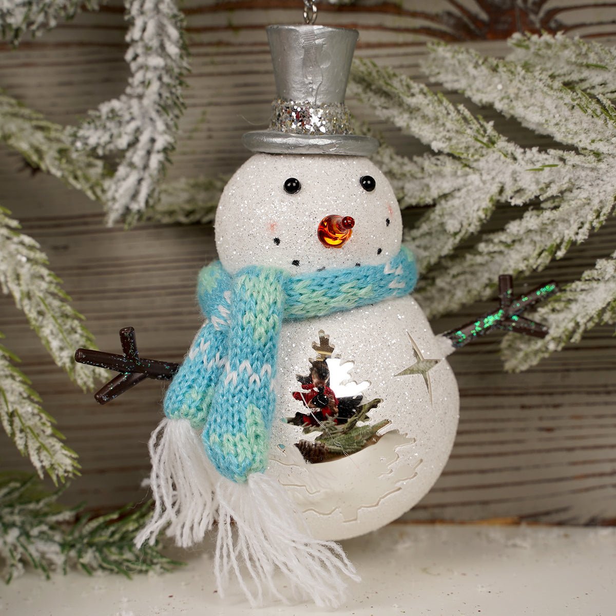 Glass Snowman with Blue Scarf Ornament