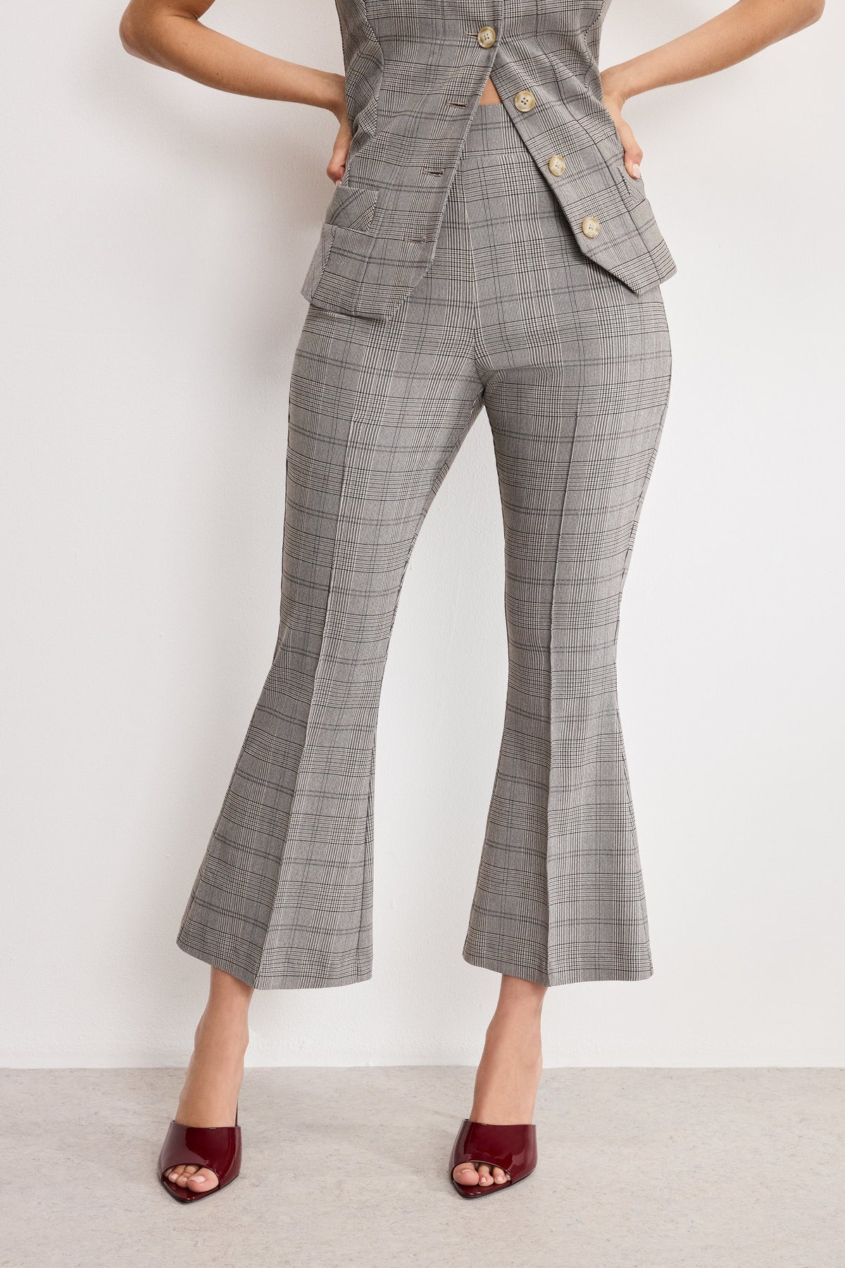 PLAID PULL ON KICK FLARE PANTS | GLEN PLAID001