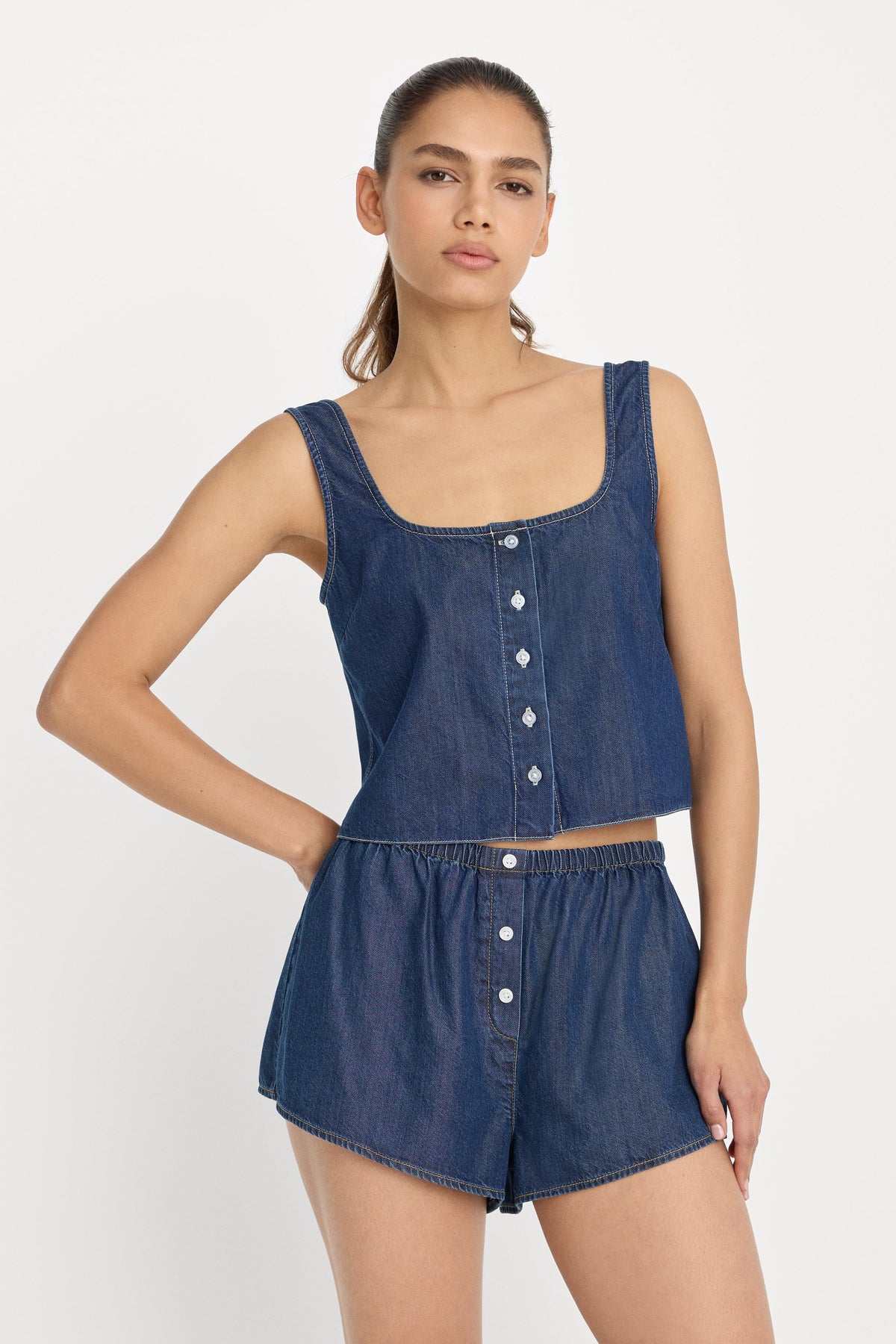 DENIM BUTTON FRONT TANK | INDIGO1187