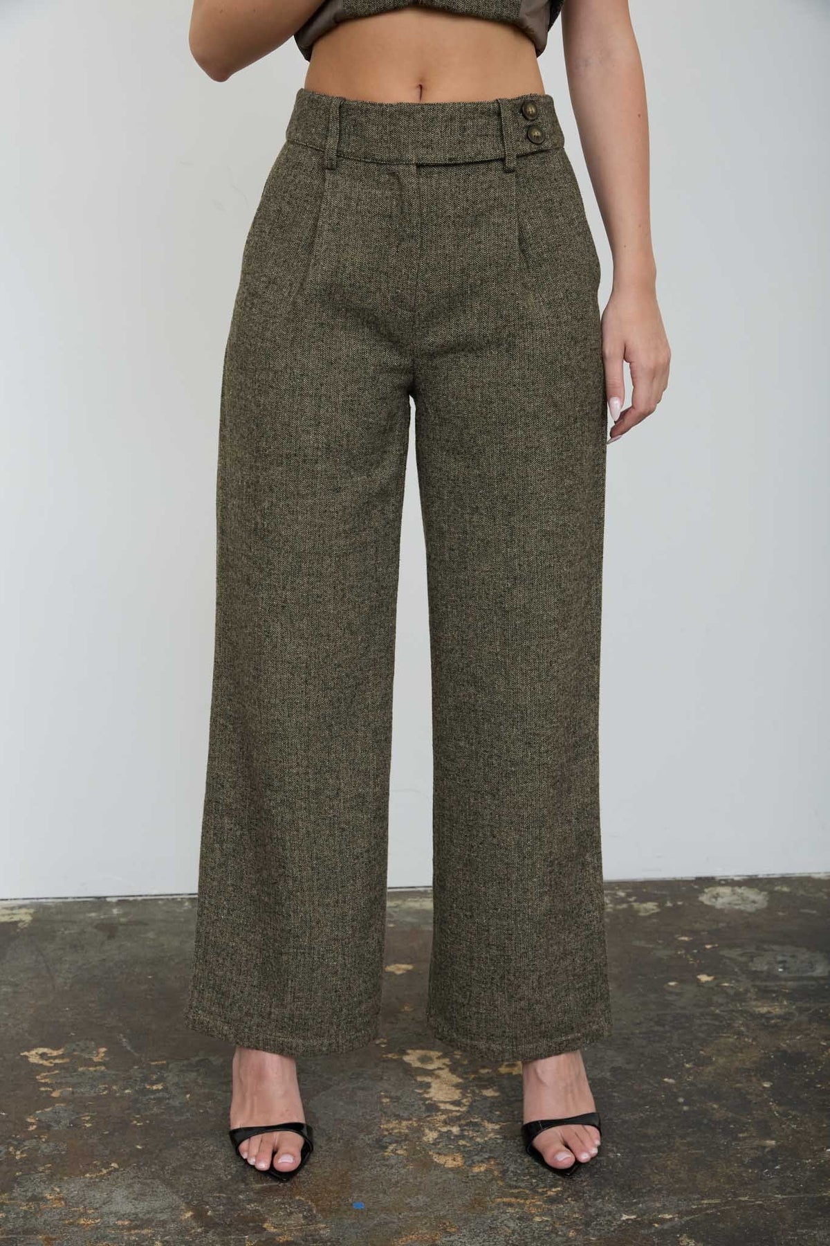 HIGH WAISTED PLEATED WIDE LEG TWEED PANTS