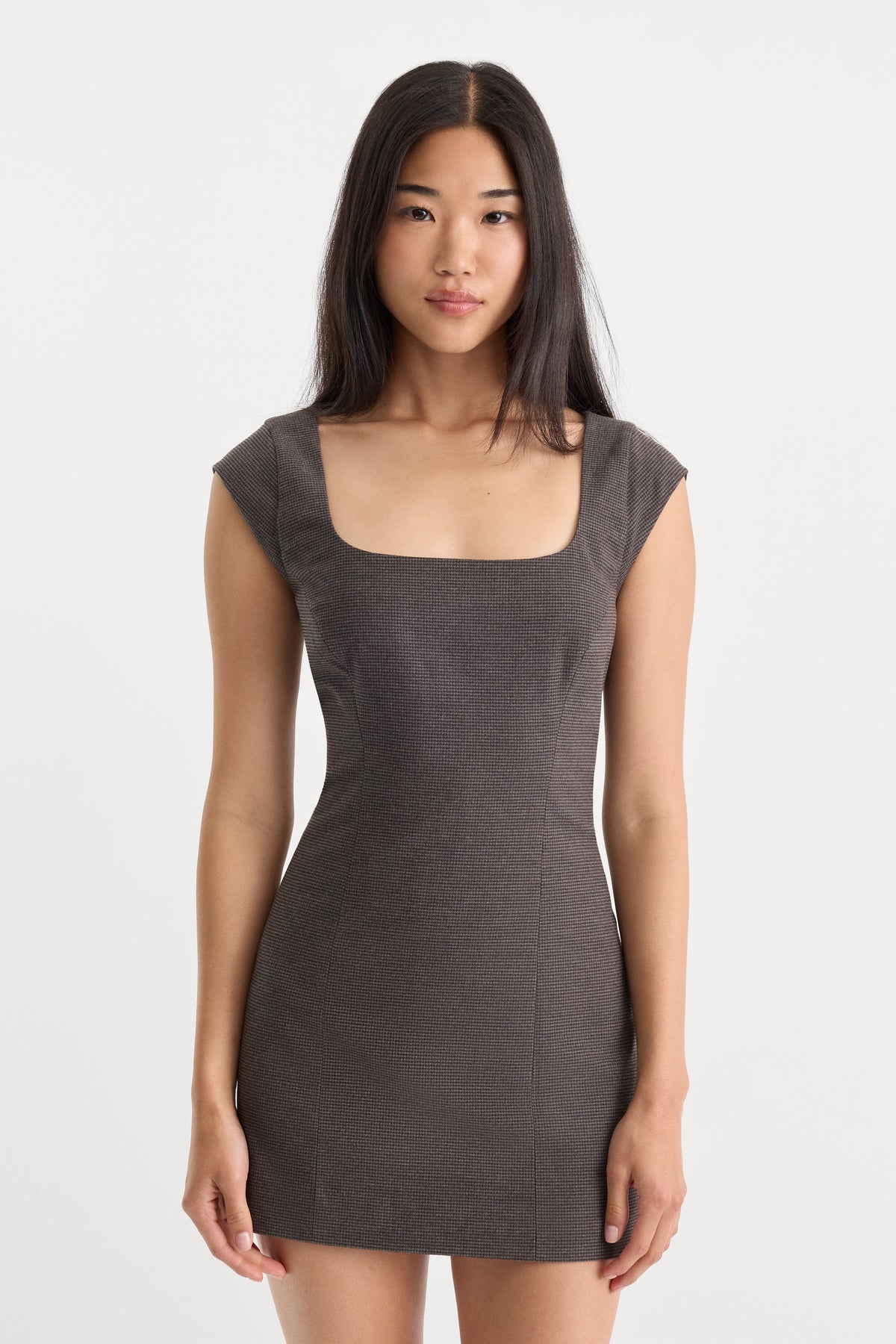 THE CAP SLEEVE MINI DRESS | CHARCOAL MINI HOUNDSTOOTH