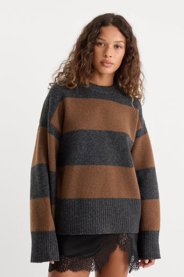THE OVERSIZED CREW SWEATER | CHARCOAL BROWN STRIPE
