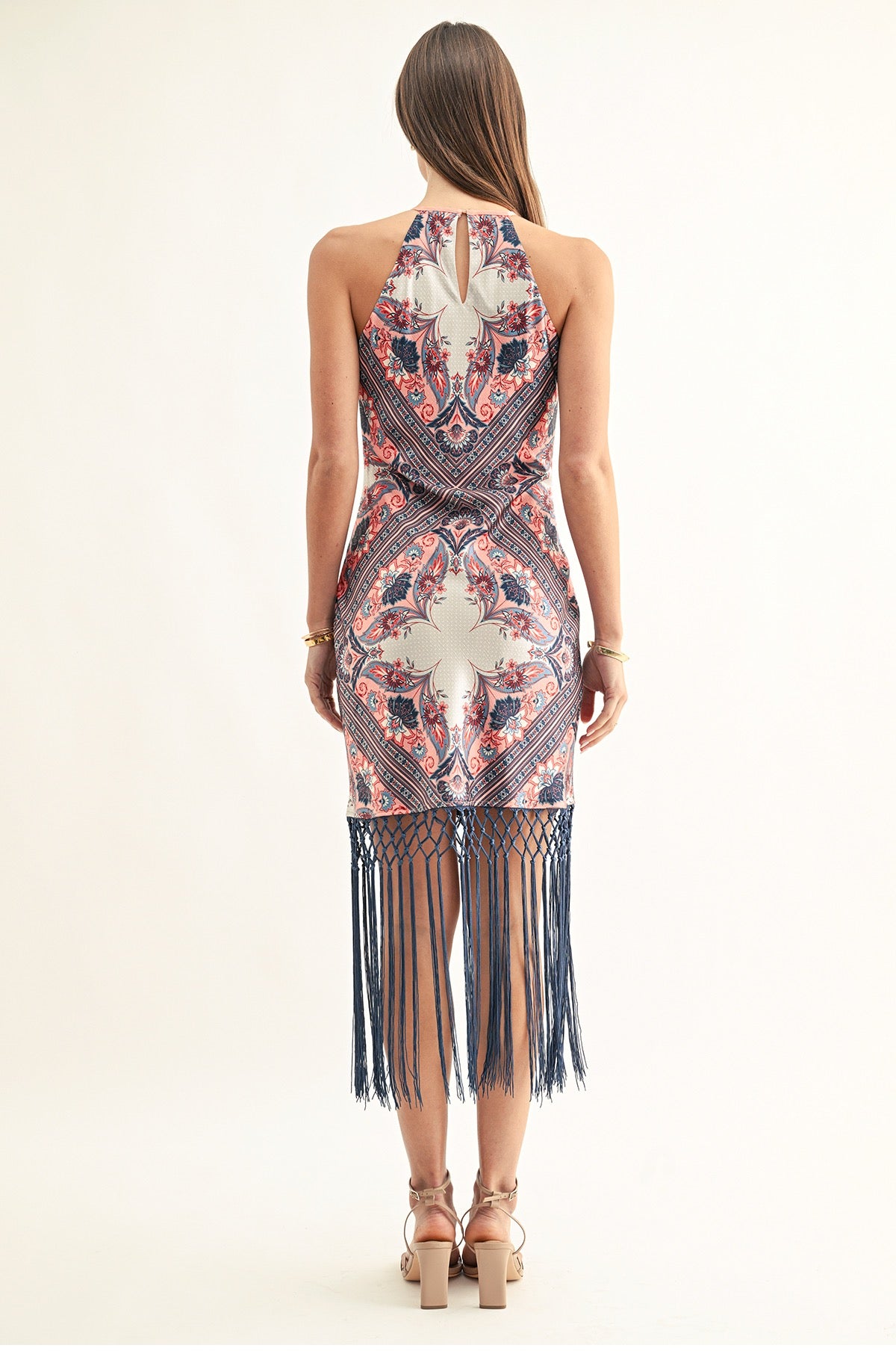 MORGAN BIAS MIDI DRESS WITH FRINGE HEM