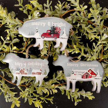 Tin Snow Scene Animal Ornament