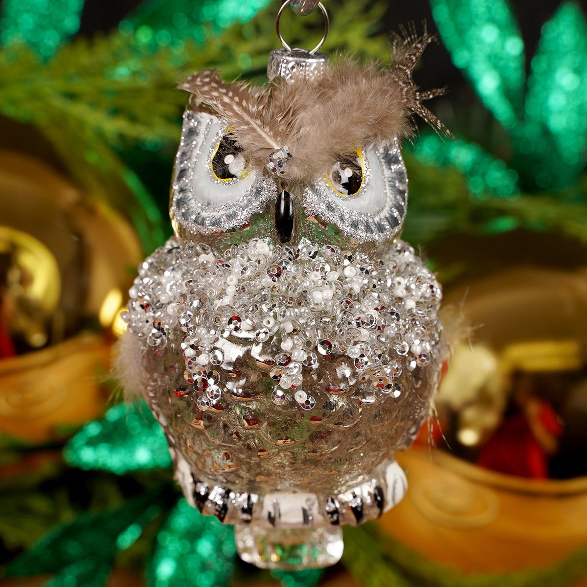 Glass and Feather Owl Christmas Ornament