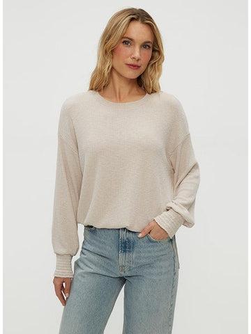 TIA RIBBED CREW NECK SWEATSHIRT WITH SMOCKED CUFFS