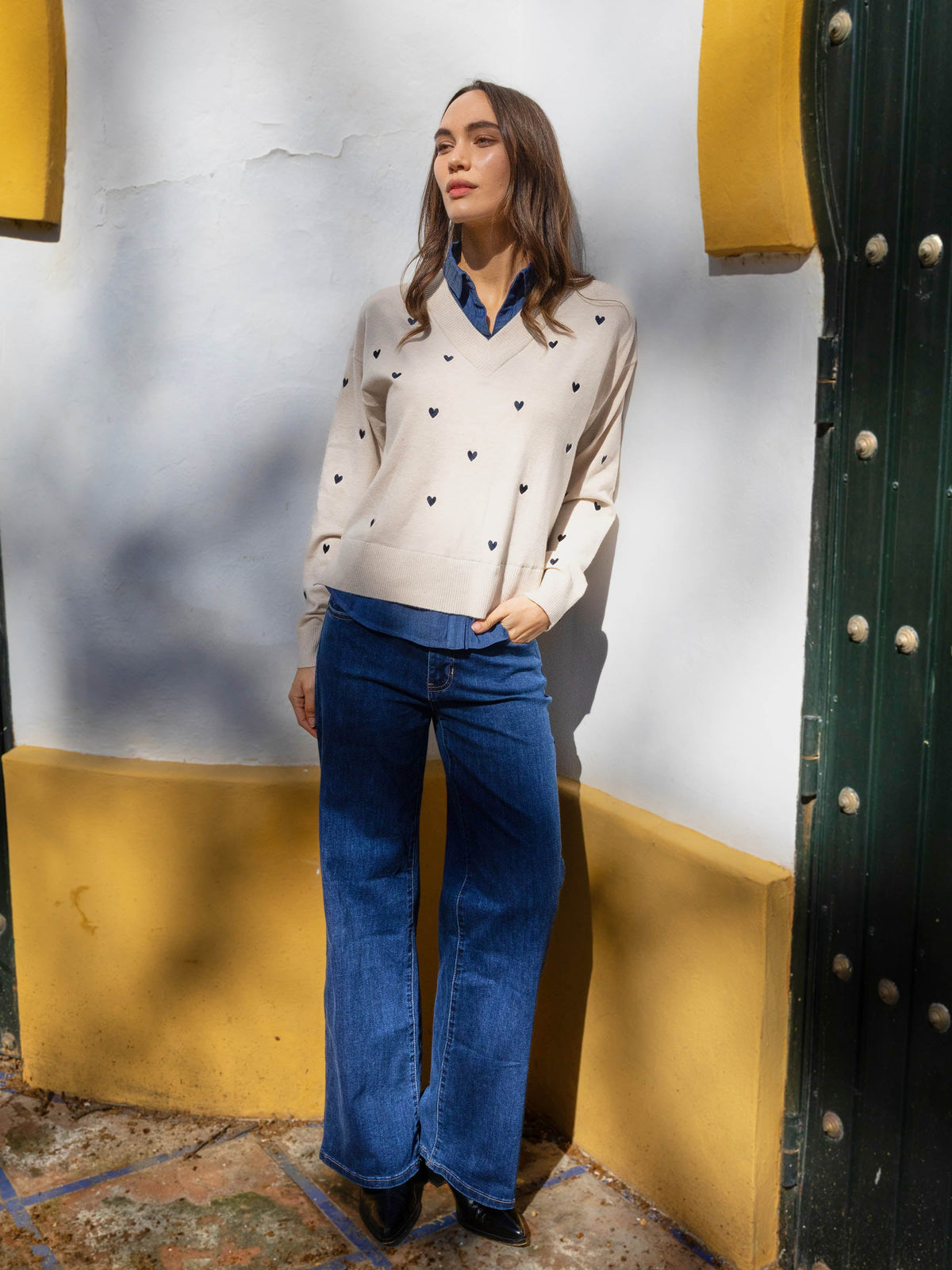Layered Shirt Sweater With Embroidered Hearts - Heather Oat