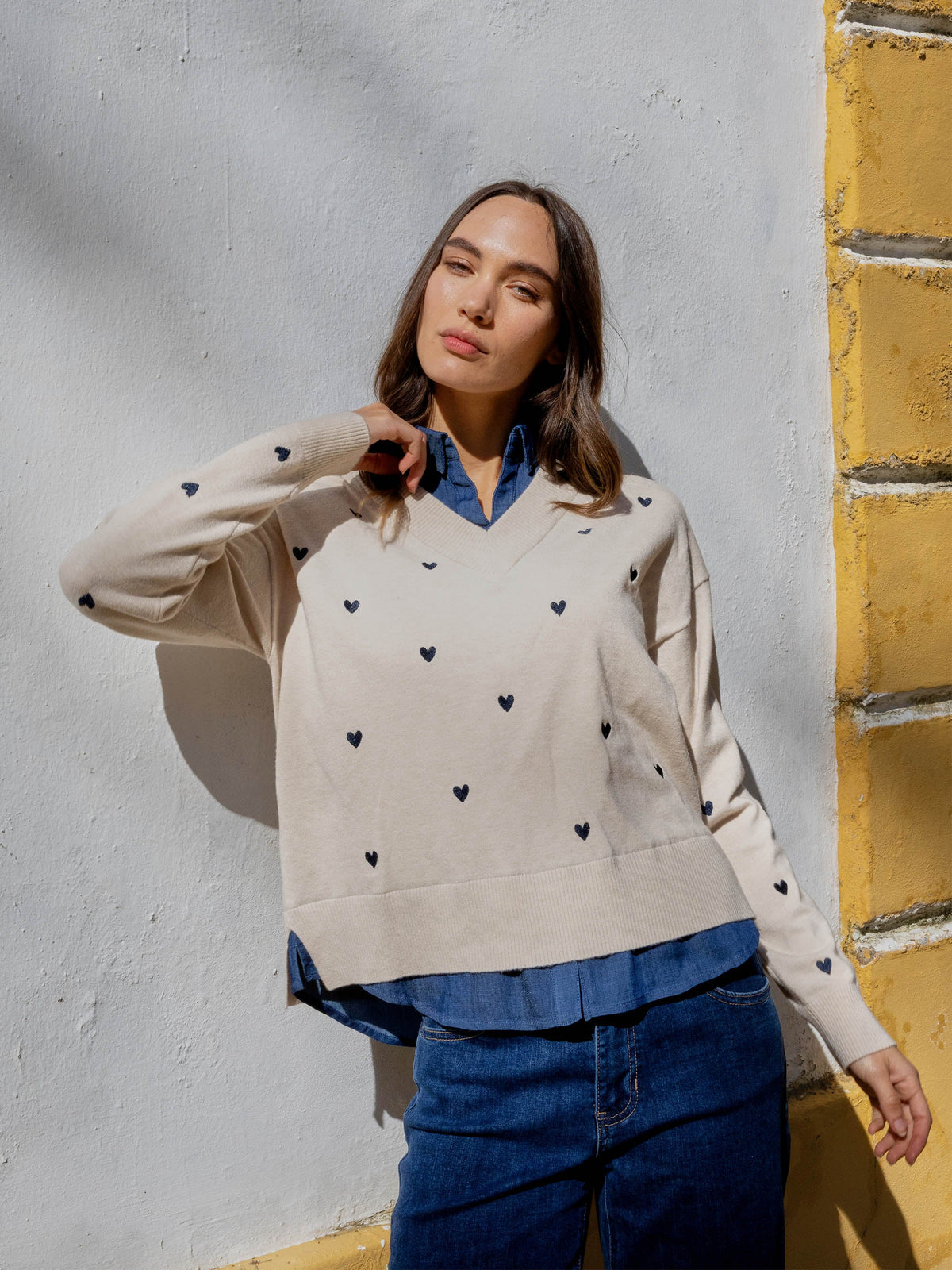 Layered Shirt Sweater With Embroidered Hearts - Heather Oat