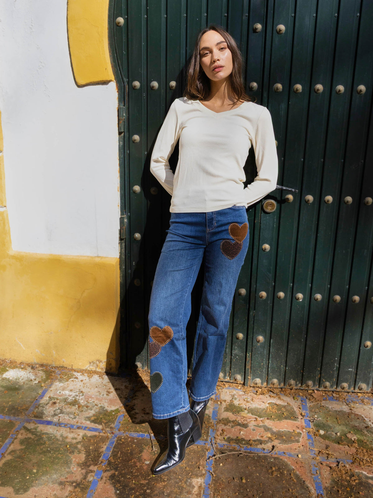 Straight Leg Jeans With Corduroy Heart Patches - Washed Indigo
