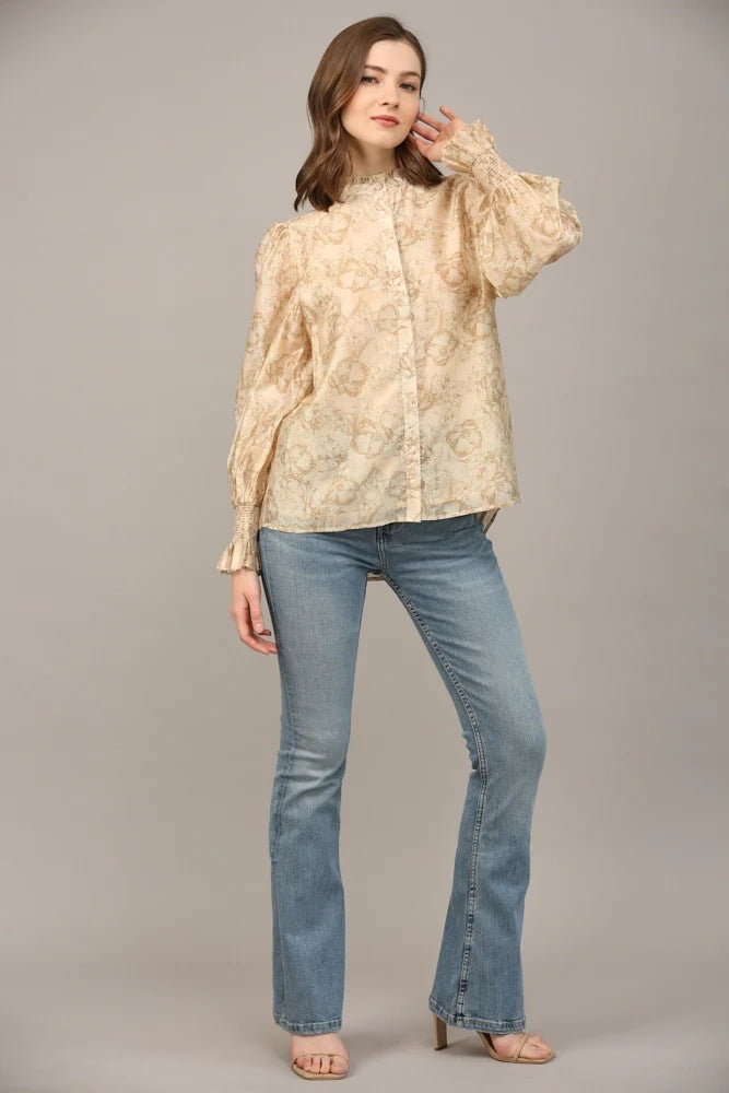 FLORAL PRINT RUFFLE NECK BLOUSE