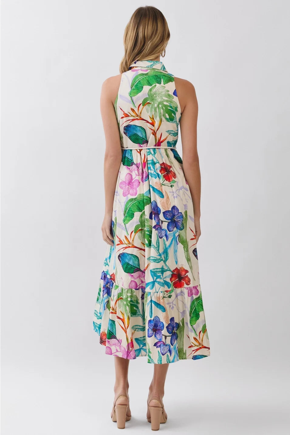TROPICAL FLORAL SLEEVELESS BUTTON DOWN MIDI DRESS