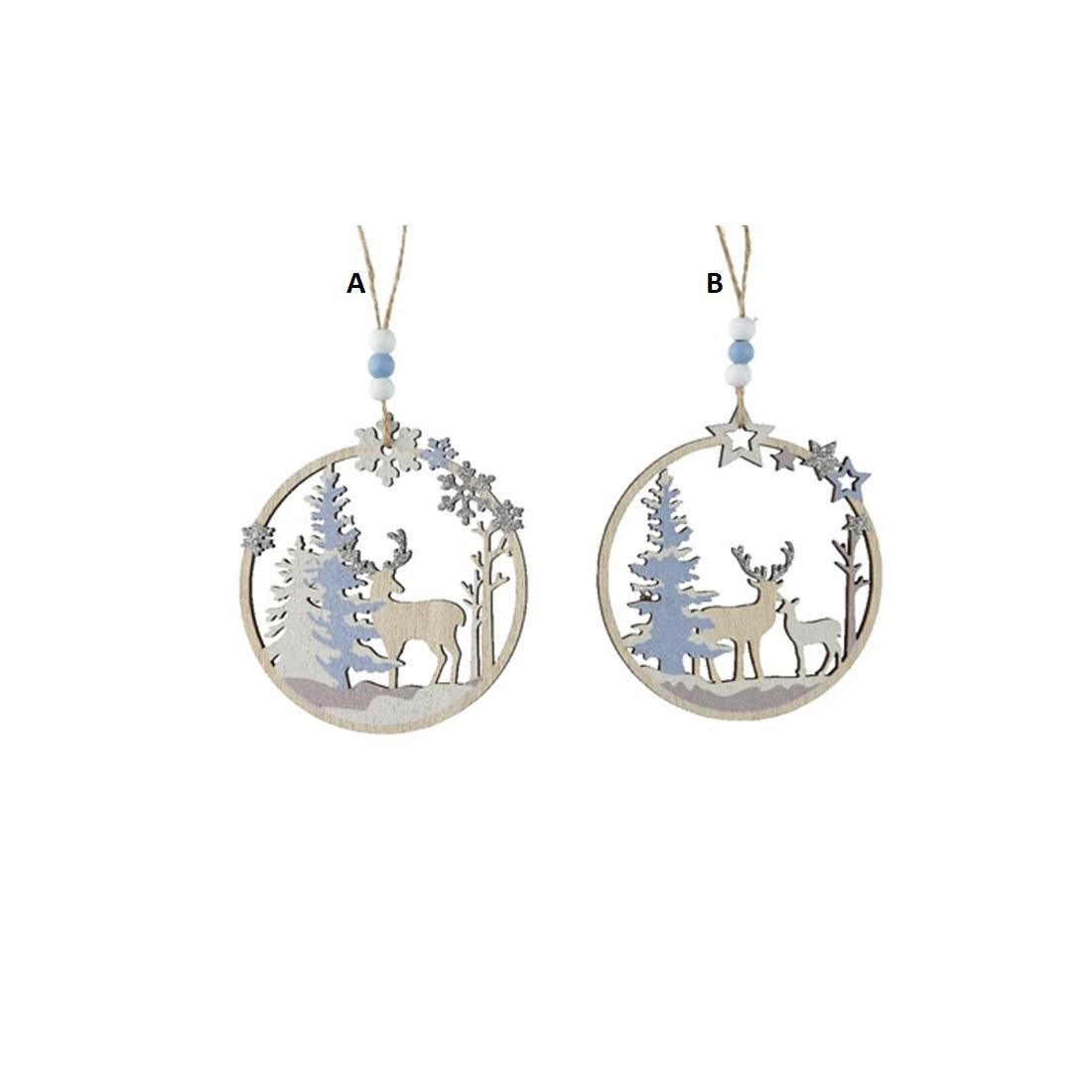 Blue White Deer Wood Circle Ornament