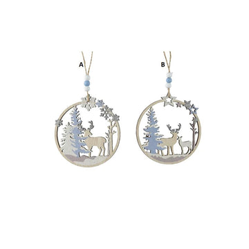 Blue White Deer Wood Circle Ornament