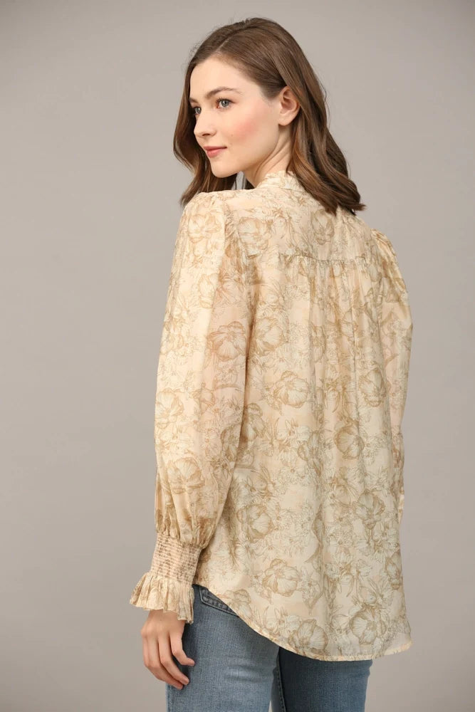 FLORAL PRINT RUFFLE NECK BLOUSE