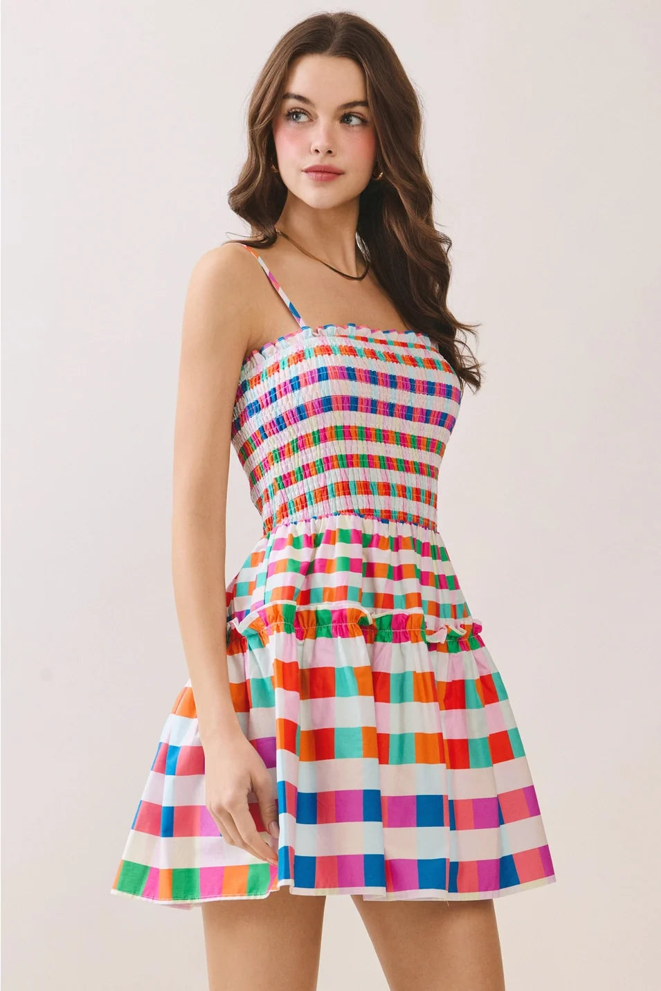 MULTI COLOR CHECKERED SMOCKED BODICE MINI DRESS