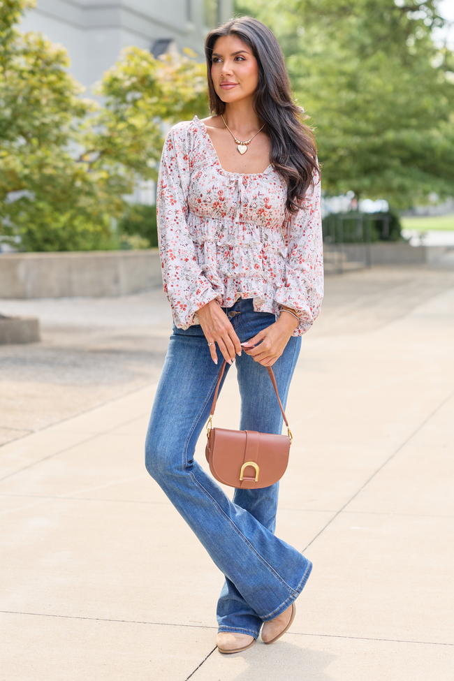 Blushing Grace Long Sleeve Floral Top Taupe