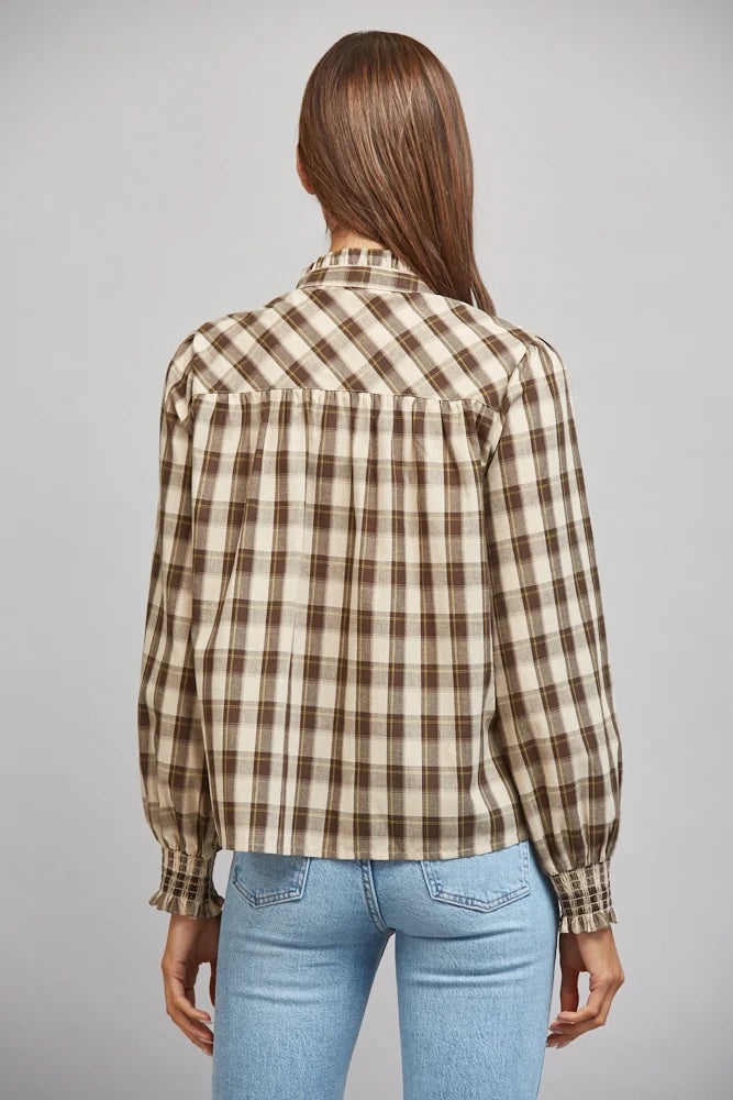 PLAID RUFFLED HIGH COLLAR BUTTON DOWN BLOUSE