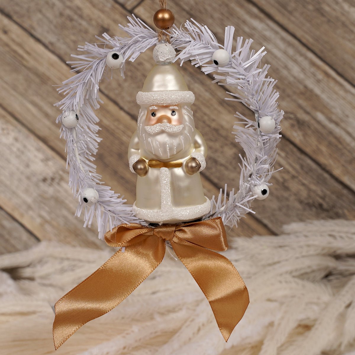 Santa In White Wreath Ornament