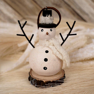Rustic Snowman Ornament on Wood Base