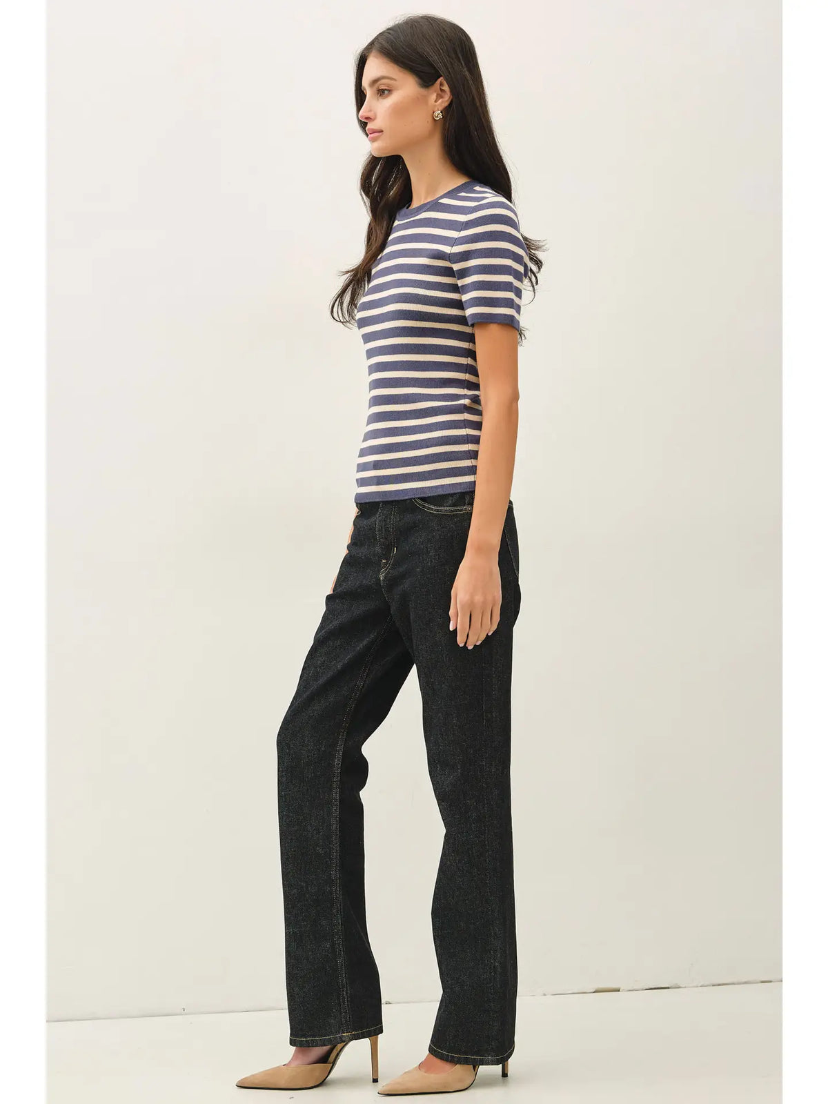 CLASSIC STRIPED CREWNECK SHORT SLEEVE SWEATER