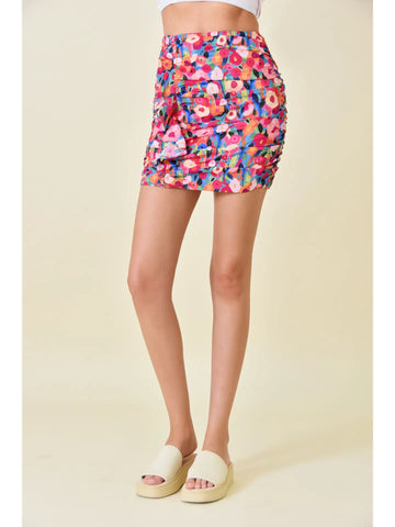 FLORAL PRINT RUFFLED RUCHED MINI SKIRT