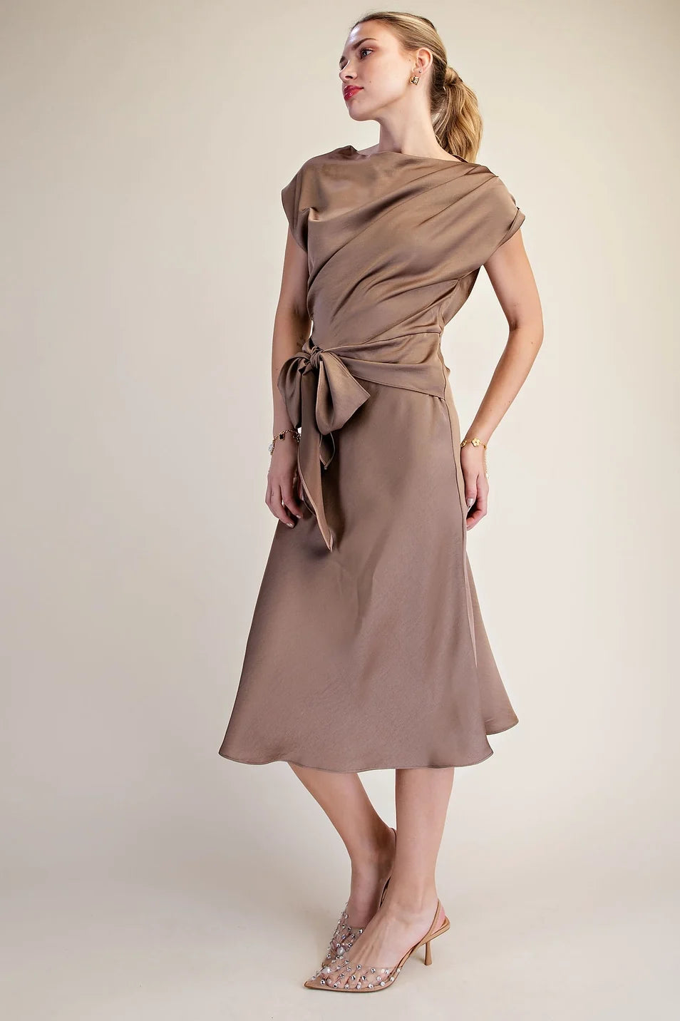ASYMMETRICAL WAIST TIE MIDI DRESS