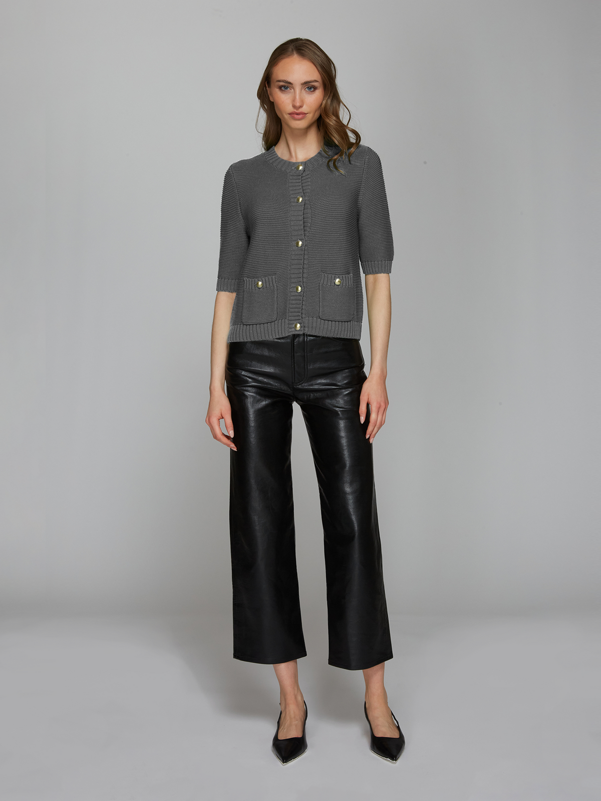 Button Front Elbow Sleeve Jacket W/ Pockets in Concrete
