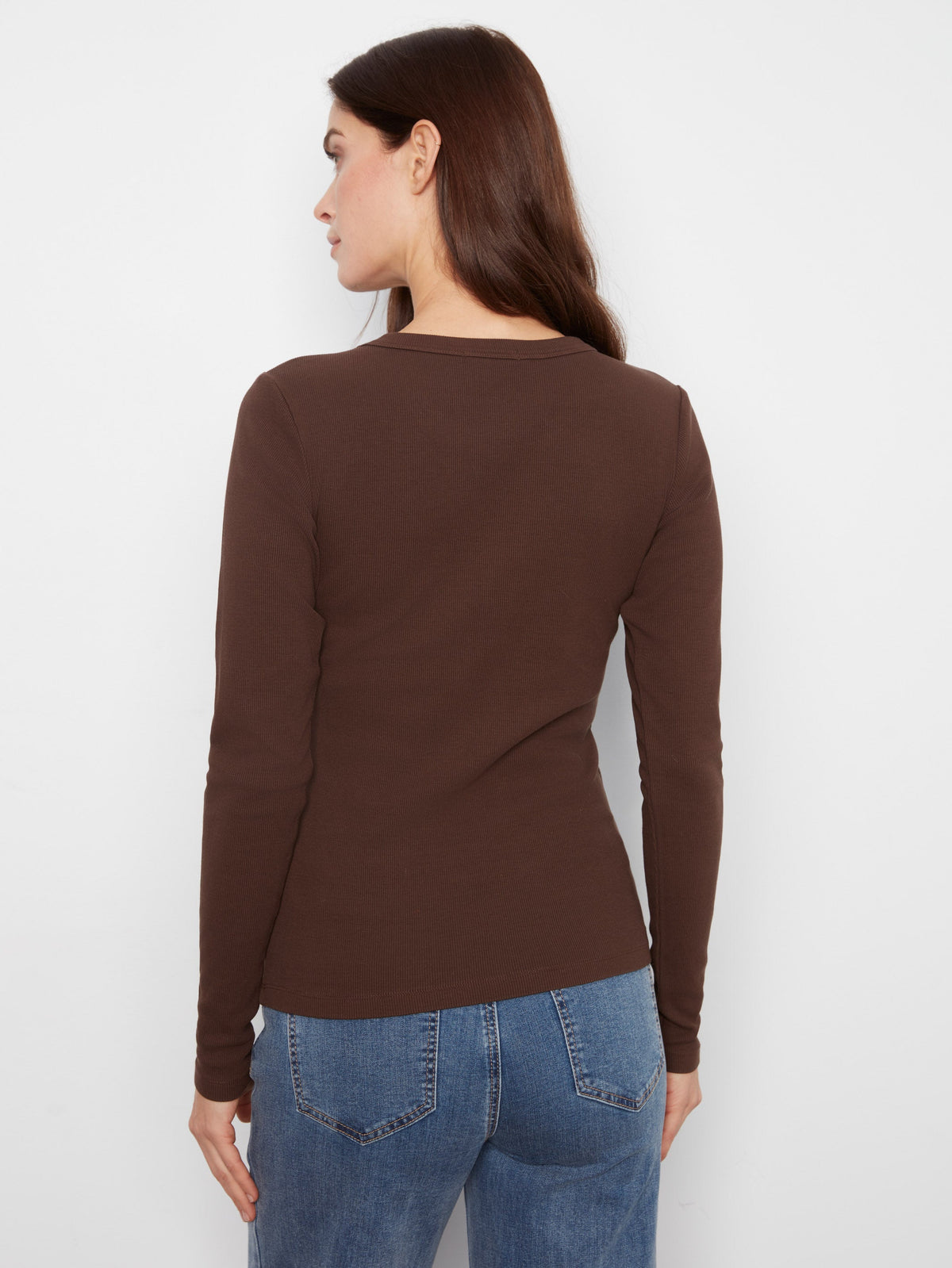 Cotton Blend Ribbed Long Sleeve Top - Coffee