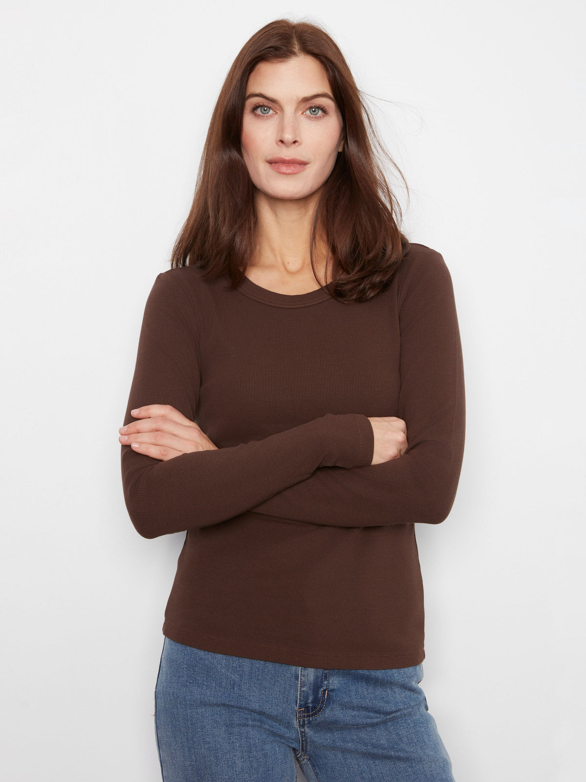Cotton Blend Ribbed Long Sleeve Top - Coffee