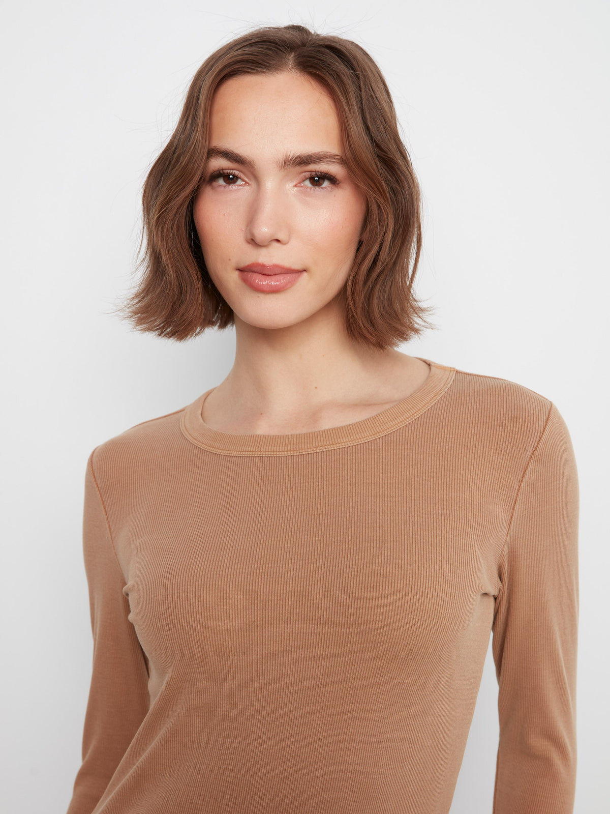 Cotton Blend Ribbed Long Sleeve Top - Truffle