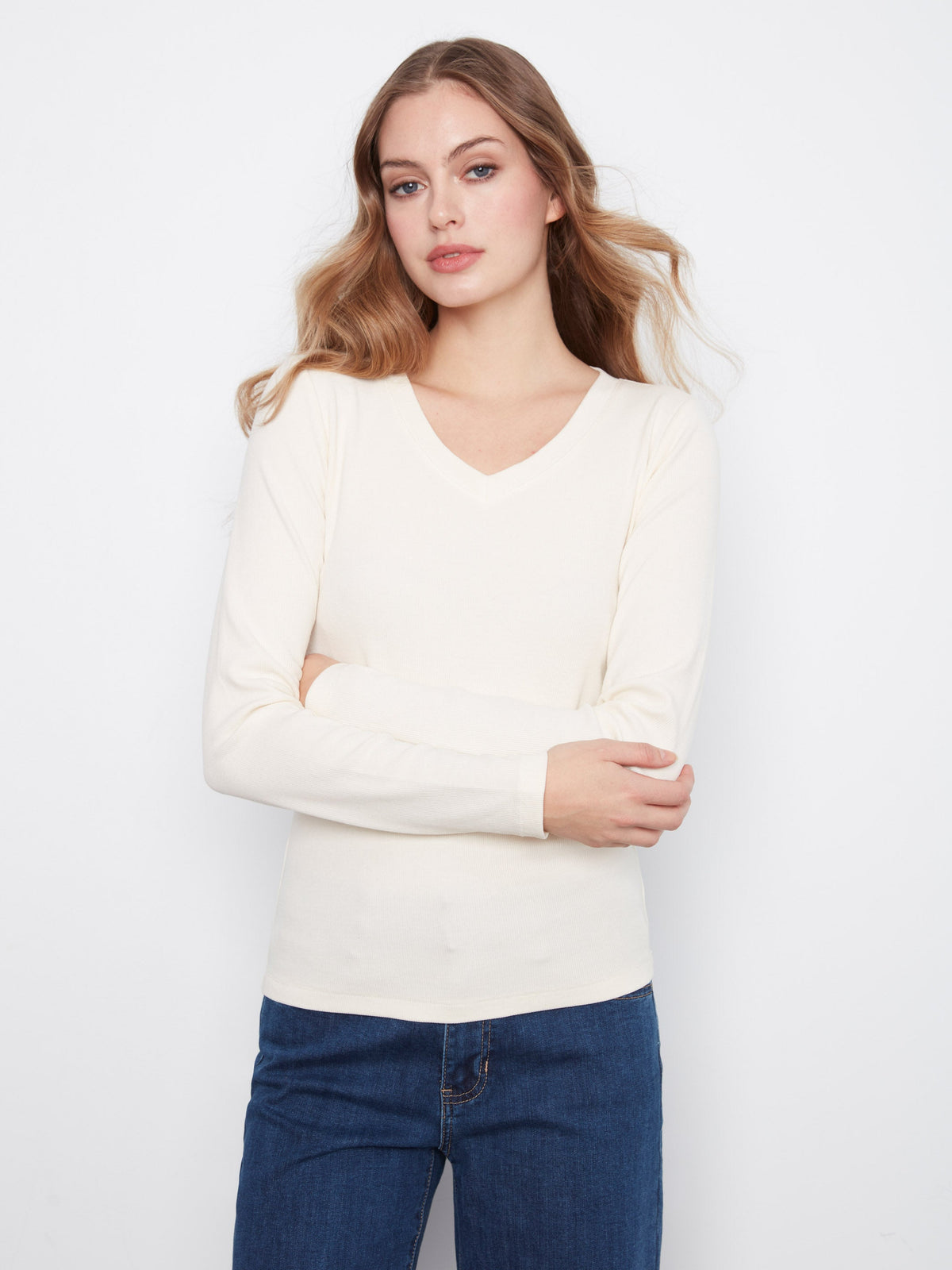 Cotton Blend Ribbed Long Sleeve V-Neck Top - Almond