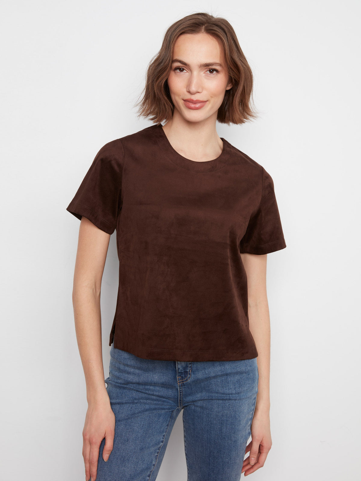 Faux Suede Short Sleeve Top - Coffee