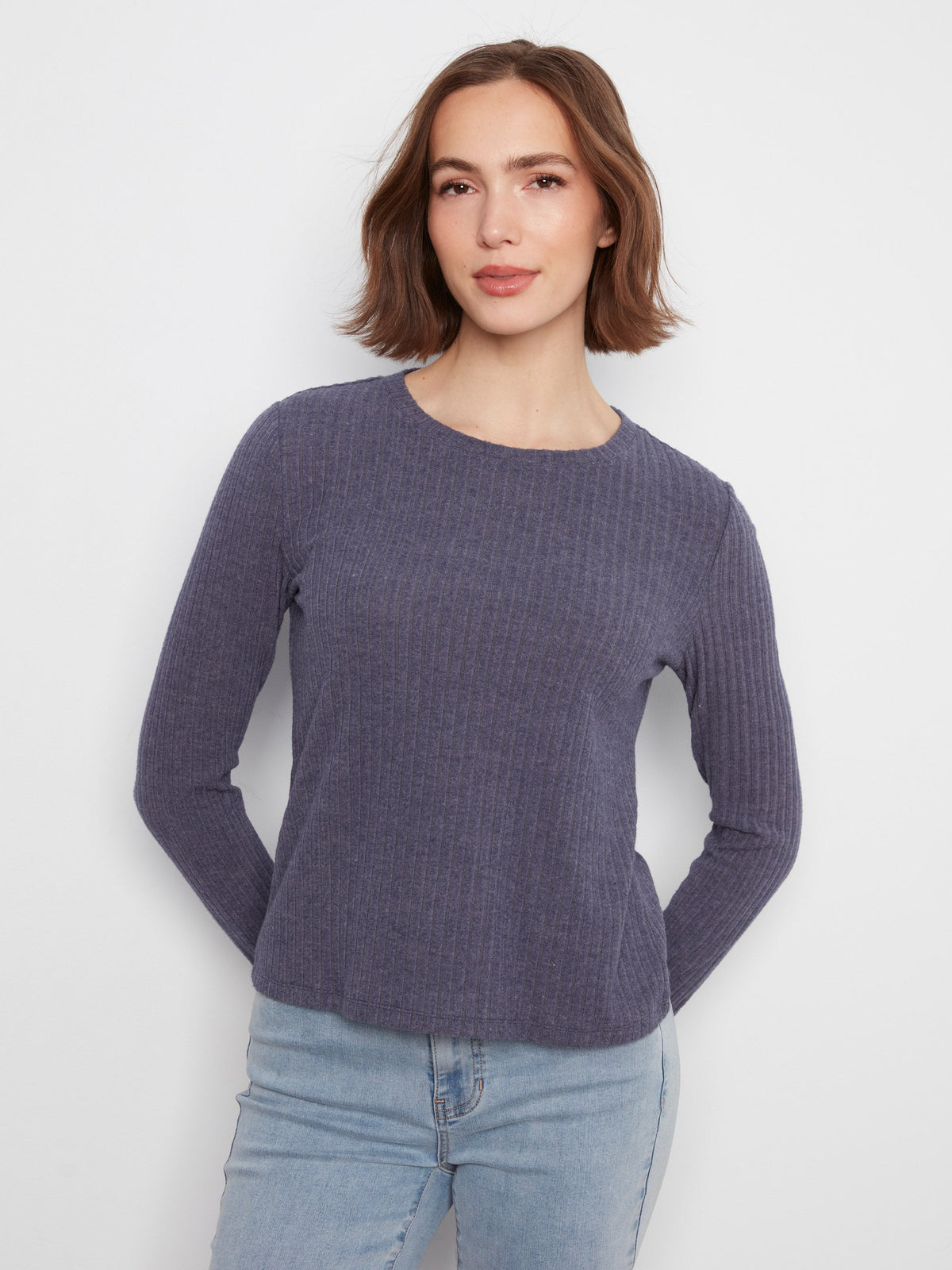 Brushed Ribbed Crew Neck Top - Heather Denim