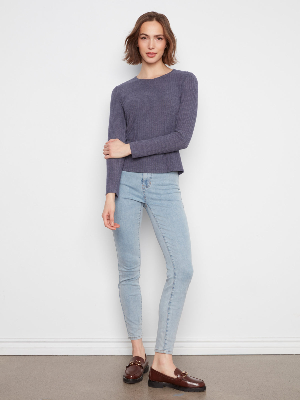 Brushed Ribbed Crew Neck Top - Heather Denim