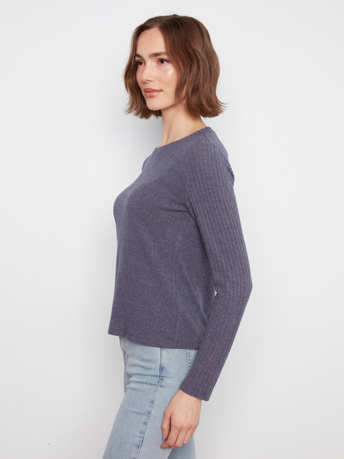 Brushed Ribbed Crew Neck Top - Heather Denim